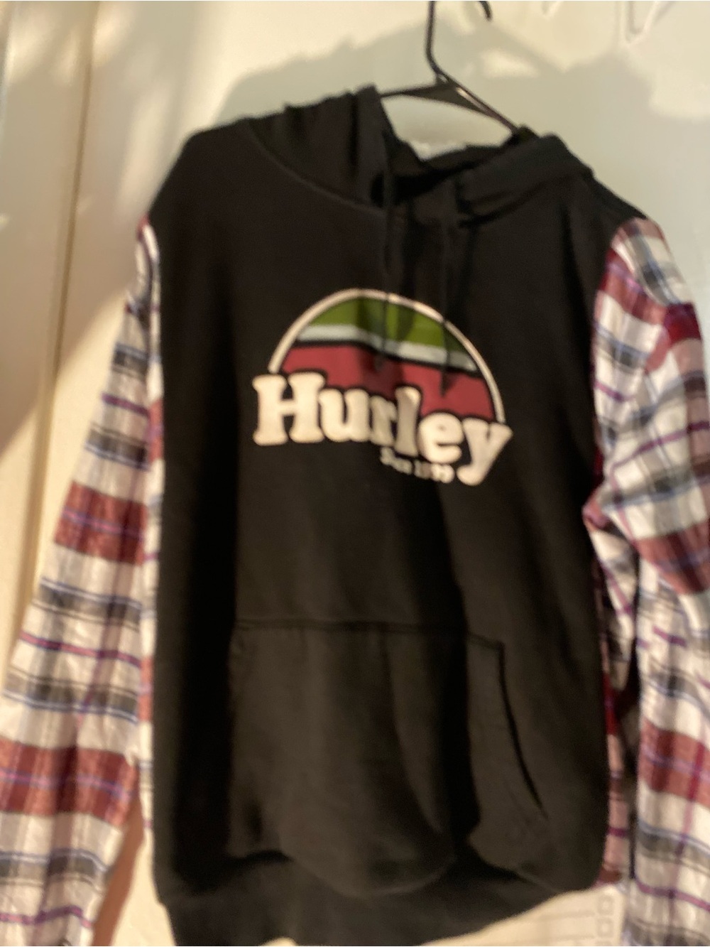Hurley Black Crewneck Hoodie with Plaid Sleeve Accents